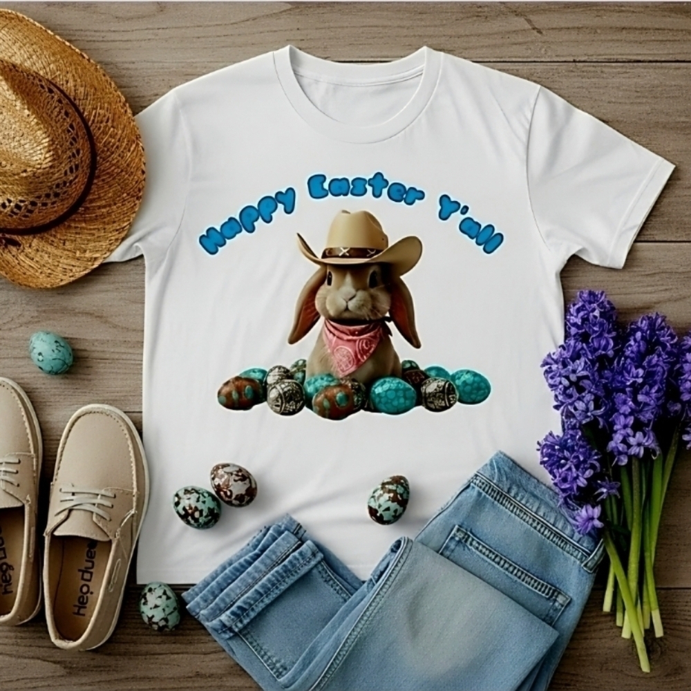 Happy Easter Y’all Western Bunny Tee • Cowboy Hat Easter Shirt • Country Boho